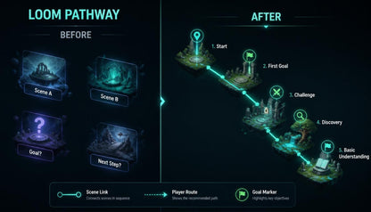 A digital game interface graphic titled 'LOOM PATHWAY' showing a before-and-after comparison of scene linking and player route flow. The left side labeled 'BEFORE' shows four dark scene thumbnails: 'Scene A', 'Scene B', 'Goal?', and 'Next Step?'.
