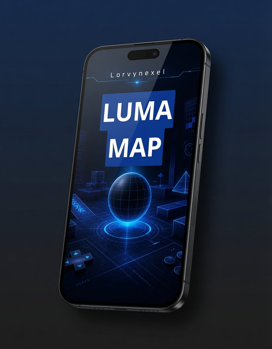 A black smartphone shown at an angle on a dark blue background, displaying a futuristic blue and black digital interface with the text 'LUMA MAP' and the brand name 'Lorynexel' near the top.