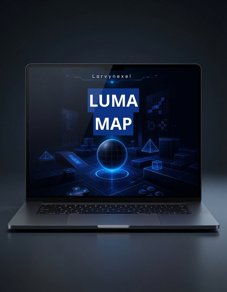 A dark gray laptop open and centered on a dark studio background, displaying a futuristic blue digital interface with the text 'LUMA MAP' and the brand name 'Lorynnexel' at the top of the screen.