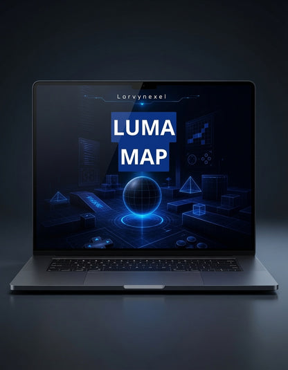 A dark gray laptop open and centered on a dark studio background, displaying a futuristic blue digital interface with the text 'LUMA MAP' and the brand name 'Lorynnexel' at the top of the screen.
