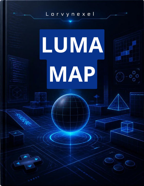 A book cover titled 'LUMA MAP' by Lorynexel, featuring a futuristic dark blue and black digital interface design with a glowing globe and geometric elements.