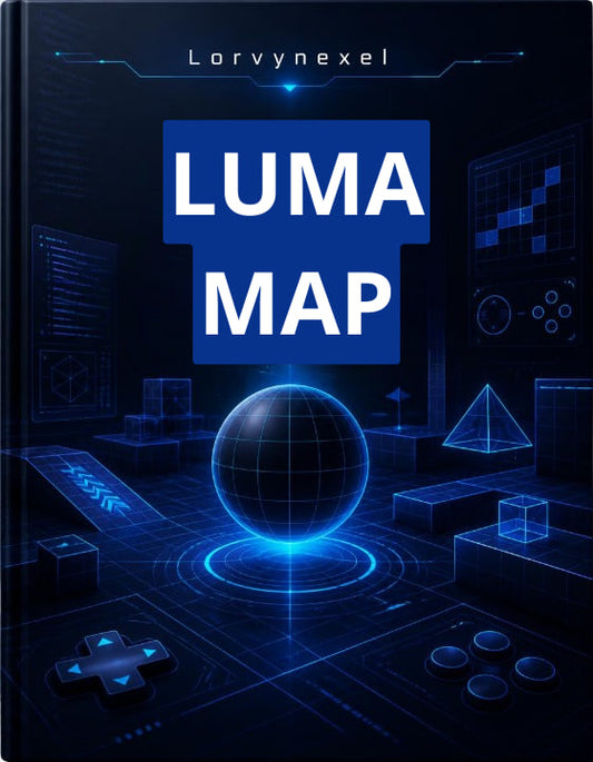 A book cover titled 'LUMA MAP' by Lorynexel, featuring a futuristic dark blue and black digital interface design with a glowing globe and geometric elements.