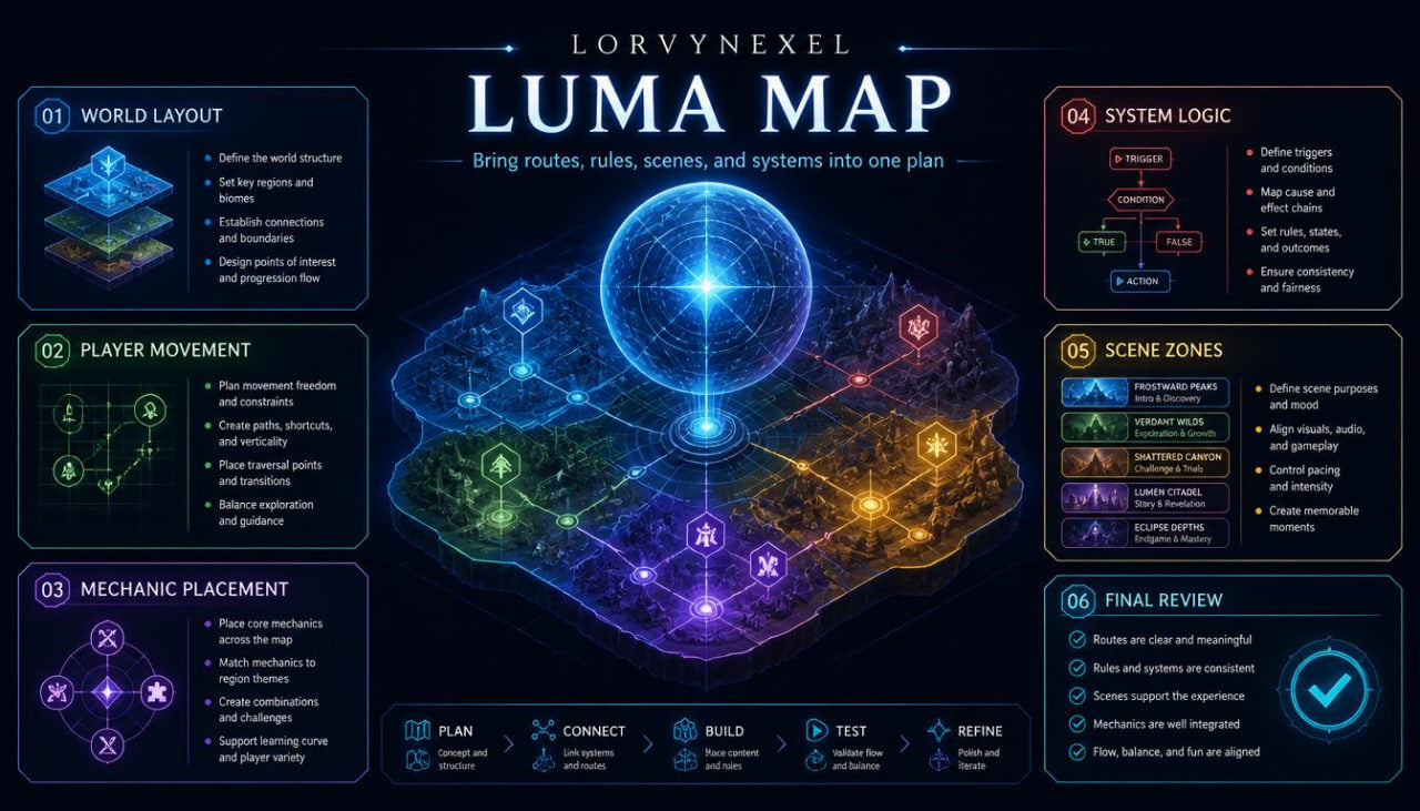 A dark-themed digital infographic titled 'LORVNEXEL LUMA MAP' showing a glowing multicolored map-like schematic in the center with surrounding panels labeled for world layout, player movement, mechanic placement, system logic, scene zones, and final review.