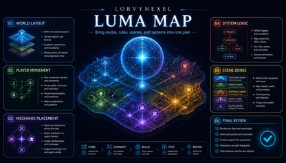 A dark-themed digital infographic titled 'LORVNEXEL LUMA MAP' showing a glowing multicolored map-like schematic in the center with surrounding panels labeled for world layout, player movement, mechanic placement, system logic, scene zones, and final review.