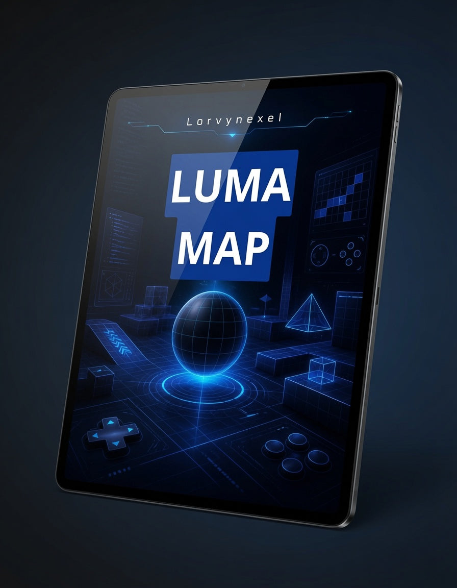 A tablet device shown at an angle on a dark background, displaying a futuristic blue interface with the text 'LORVYNEXEL' and large 'LUMA MAP' text on the screen.