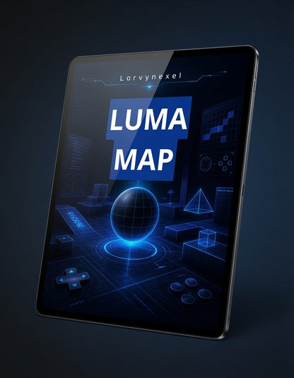 A tablet device shown at an angle on a dark background, displaying a futuristic blue interface with the text 'LORVYNEXEL' and large 'LUMA MAP' text on the screen.