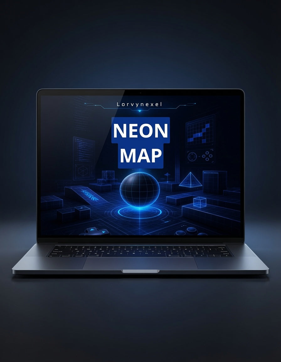 A dark gray laptop centered on a black background, displaying a neon blue digital interface with the text 'Lorynnexel' and 'NEON MAP'.