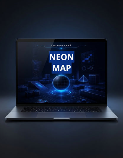 A dark gray laptop centered on a black background, displaying a neon blue digital interface with the text 'Lorynnexel' and 'NEON MAP'.