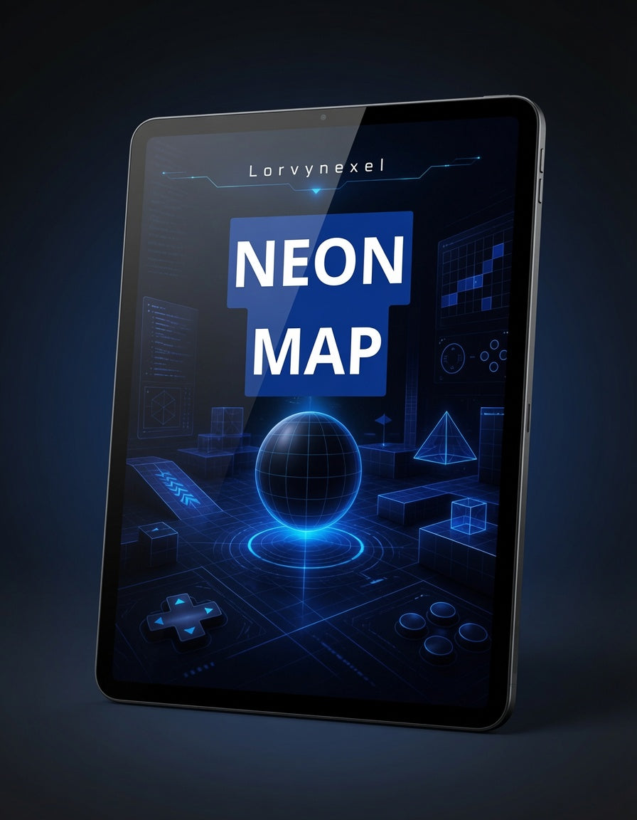 A tablet device shown at an angle against a dark blue background, displaying a futuristic neon-style interface with the text 'Lorynxel' and large 'NEON MAP' on the screen.