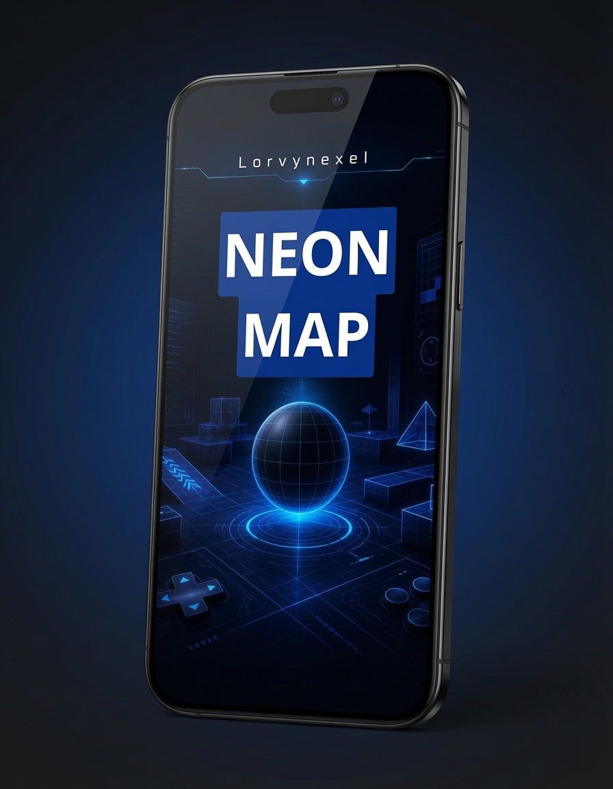 A smartphone shown upright against a dark blue gradient background, with the screen displaying the text 'Lorvynexel' and a large neon-style blue graphic reading 'NEON MAP'.