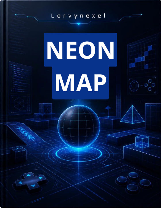 A dark blue and black cover design with the title 'NEON MAP' in large white text and the name 'Lorvynexel' at the top, featuring a glowing neon globe and futuristic digital interface graphics.