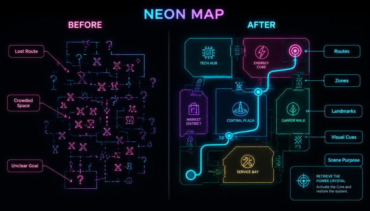 A neon-style infographic titled 'NEON MAP' on a black background, comparing a chaotic 'BEFORE' map with an organized 'AFTER' map. The neon lines and labels use pink, cyan, purple, and yellow to illustrate route planning, zones, landmarks, and scene purpose.