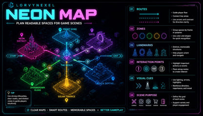 A neon-style game design poster titled 'NEON MAP' by Loryn Nexusel, showing an isometric fantasy map with glowing route lines, zones, landmarks, interaction points, and visual cues on a dark background.