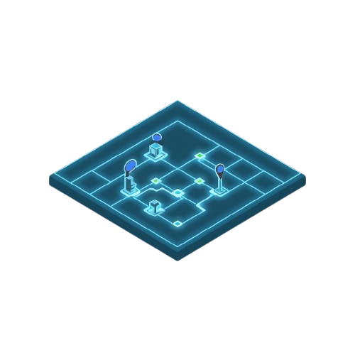 An isometric digital illustration of a blue and cyan grid-based board or platform with small glowing icons and pins, shown on a plain white background.