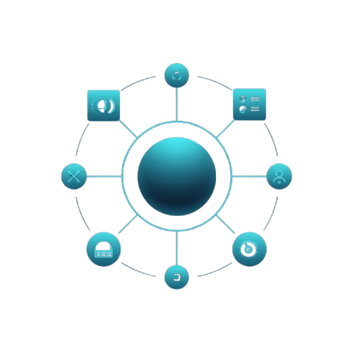 A digital infographic icon featuring a central teal-blue sphere surrounded by a circular ring of eight smaller teal-blue functional icons on a plain white background.