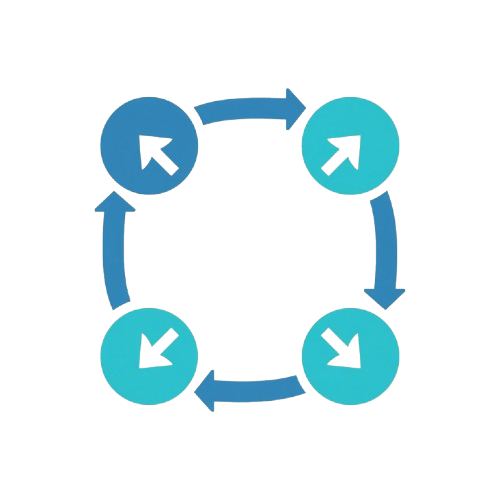 A simple vector-style diagram on a white background showing four circular nodes in blue and teal with white arrows pointing inward in a circular loop.