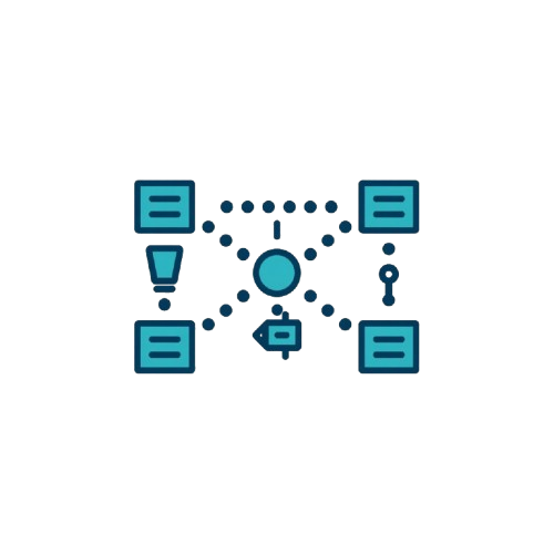A teal and dark blue line icon depicting a network or system diagram with a central circle connected to surrounding nodes, shown on a plain white background.