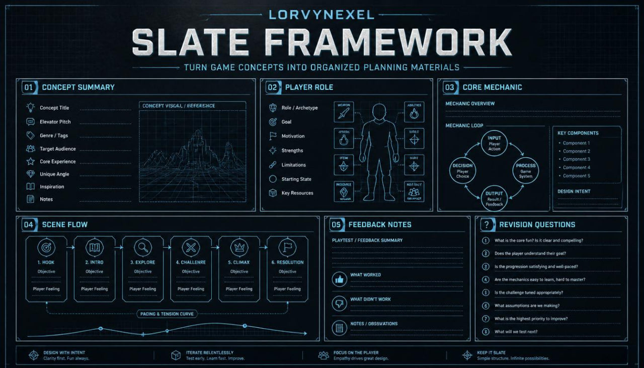 A dark digital document titled 'LORVYNEXEL SLATE FRAMEWORK' with multiple blue and light-blue infographic panels on a black background, including sections for concept summary, player role, core mechanic, scene flow, feedback notes, and revision questions.