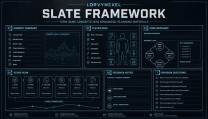 A dark digital document titled 'LORVYNEXEL SLATE FRAMEWORK' with multiple blue and light-blue infographic panels on a black background, including sections for concept summary, player role, core mechanic, scene flow, feedback notes, and revision questions.