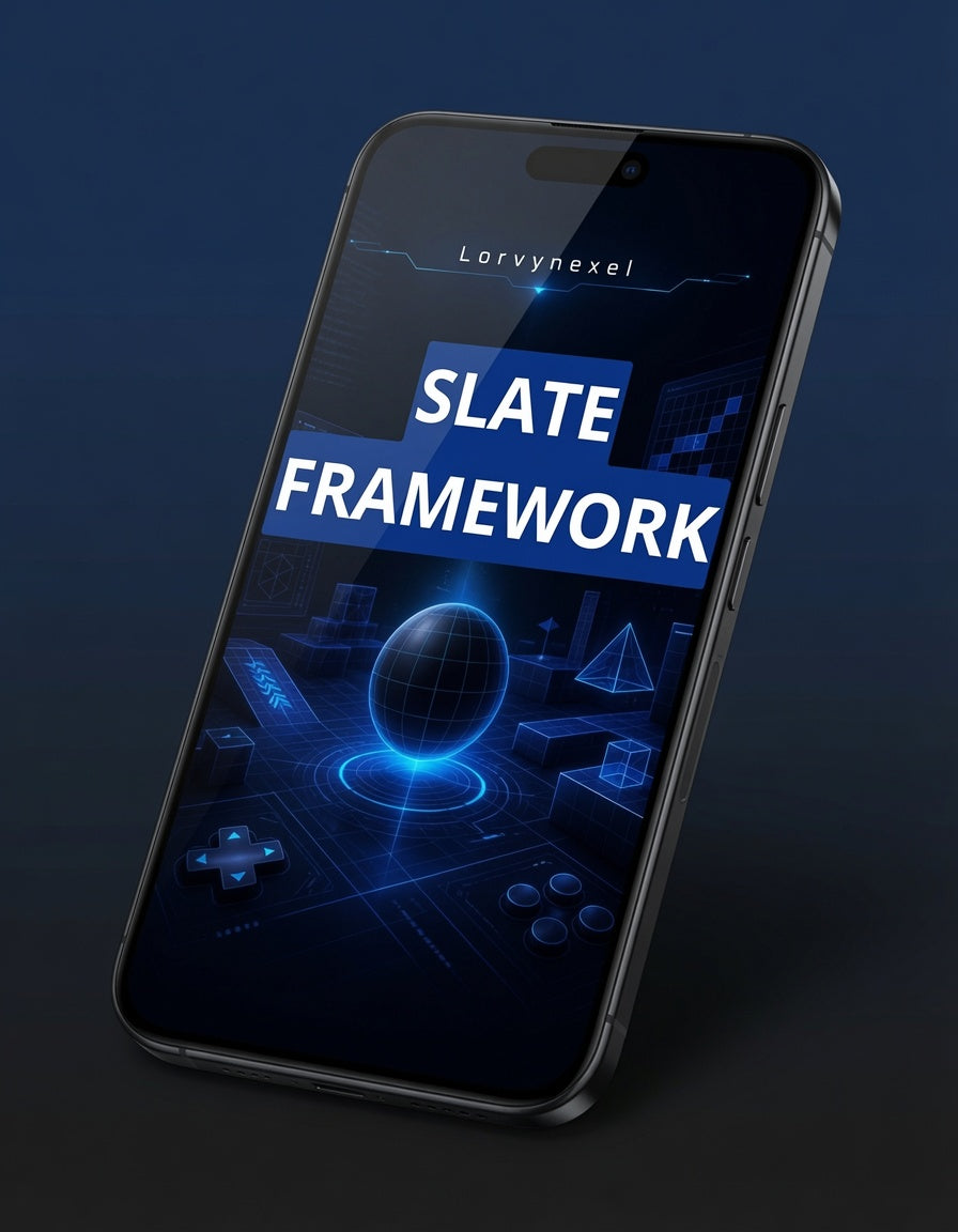 A smartphone shown at an angle on a dark blue background, displaying a futuristic app or website design with the text 'SLATE FRAMEWORK' and 'Lorvynexel' near the top.