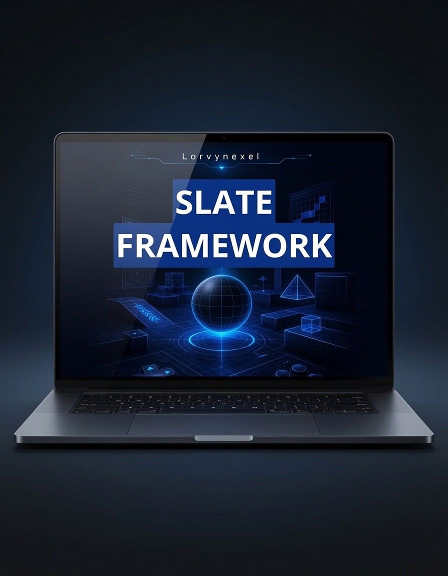 An open laptop on a dark studio background, displaying the text 'SLATE FRAMEWORK' and the brand name 'Lorvynexel' on its screen.