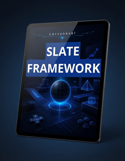 A tablet device displaying the cover art for 'Slate Framework' by Lorvynexel. The cover features a dark blue and black futuristic digital interface with glowing blue lines and geometric shapes, set against a dark blue gradient background.
