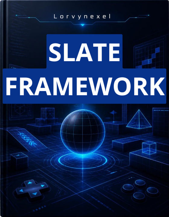A book cover titled 'SLATE FRAMEWORK' by Lorynexel, featuring a dark blue and black futuristic digital design with glowing blue line art and a central globe graphic.