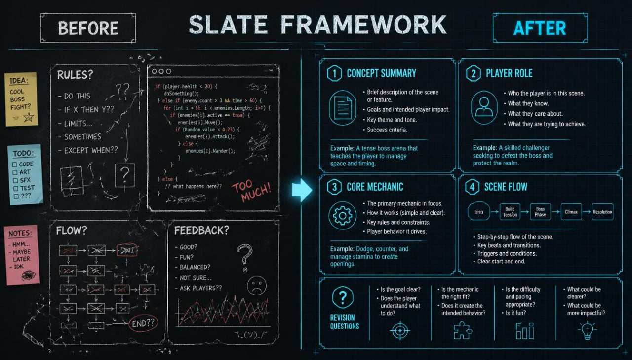 A digital presentation slide titled 'SLATE FRAMEWORK' comparing 'BEFORE' and 'AFTER' states. The left side, under 'BEFORE', features a black chalkboard-style background with hand-drawn white and yellow sticky notes and question prompts like 'RULES?' and 'FLOW?'.