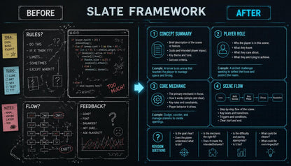 A digital presentation slide titled 'SLATE FRAMEWORK' comparing 'BEFORE' and 'AFTER' states. The left side, under 'BEFORE', features a black chalkboard-style background with hand-drawn white and yellow sticky notes and question prompts like 'RULES?' and 'FLOW?'.