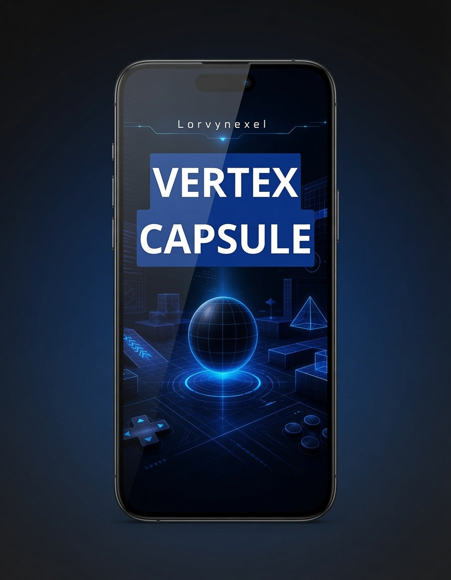 A smartphone centered on a dark blue background, displaying a futuristic digital cover titled 'VERTEX CAPSULE' with the name 'Lorvynexel' above it. The screen artwork is predominantly blue and black with glowing geometric graphics.