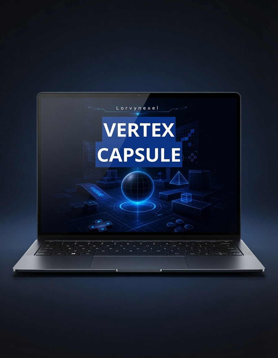 A dark gray laptop shown open against a dark blue gradient background, with the screen displaying the text 'Lorvpixel VERTEX CAPSULE' in white and blue over a glowing geometric graphic.