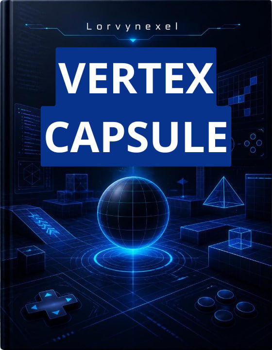 A book cover titled 'VERTEX CAPSULE' by Lorynexel, featuring a futuristic dark blue and black digital design with glowing blue geometric elements and a central capsule-like sphere.