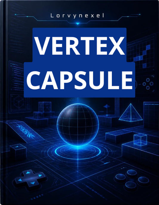 A book cover titled 'VERTEX CAPSULE' by Lorynexel, featuring a futuristic dark blue and black digital design with glowing blue geometric elements and a central capsule-like sphere.