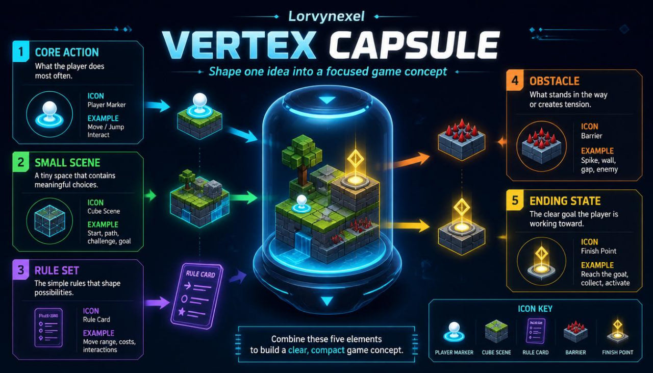 An infographic poster titled 'Vertex Capsule' by Lorvynxel, explaining a game design concept tool. It features a glowing blue capsule in the center containing a small green blocky scene, surrounded by five colored panels detailing core action, small scene, rule set, obstacle, and ending state, with an icon key at the bottom.
