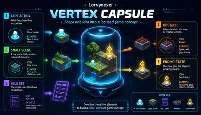 An infographic poster titled 'Vertex Capsule' by Lorvynxel, explaining a game design concept tool. It features a glowing blue capsule in the center containing a small green blocky scene, surrounded by five colored panels detailing core action, small scene, rule set, obstacle, and ending state, with an icon key at the bottom.