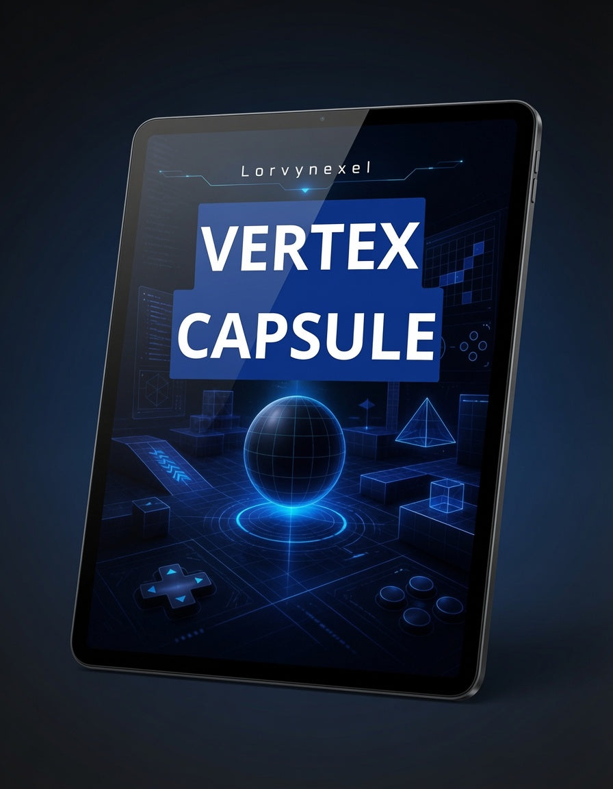A tablet device shown at an angle against a dark blue background, displaying a futuristic digital cover with the text 'Lorvynexel' and 'VERTEX CAPSULE' in large white letters over a glowing blue geometric graphic.